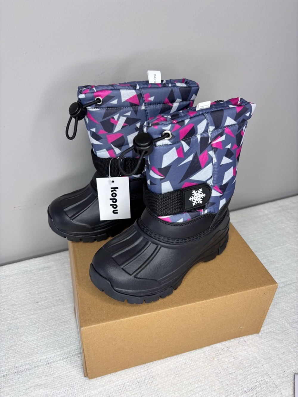 New Koppu Kids Insulated Winter Snow Boots – Pink & Grey Pattern – US 9